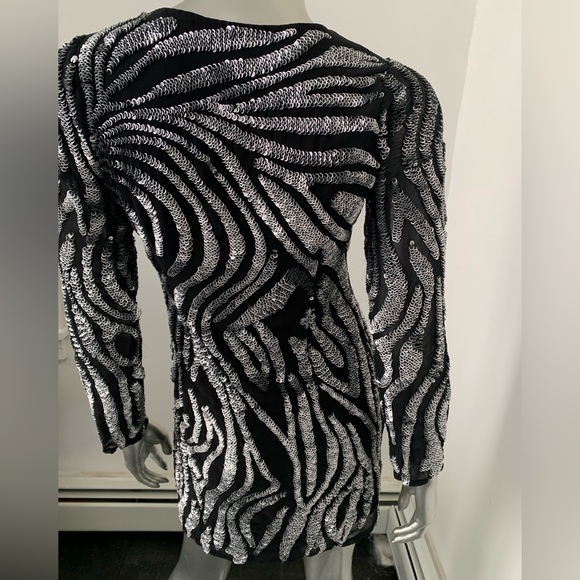 Black silver metallic Beaded sequin Dress long sleeve mini size 6 zebra print - Picture 6 of 11